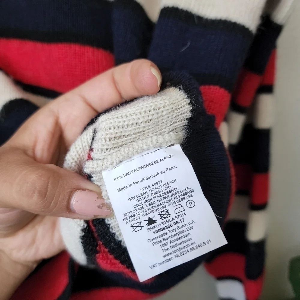 Tory Burch Baby Alpaca Knit Austrie Striped Navy Red Pullover Sweater Preppy S